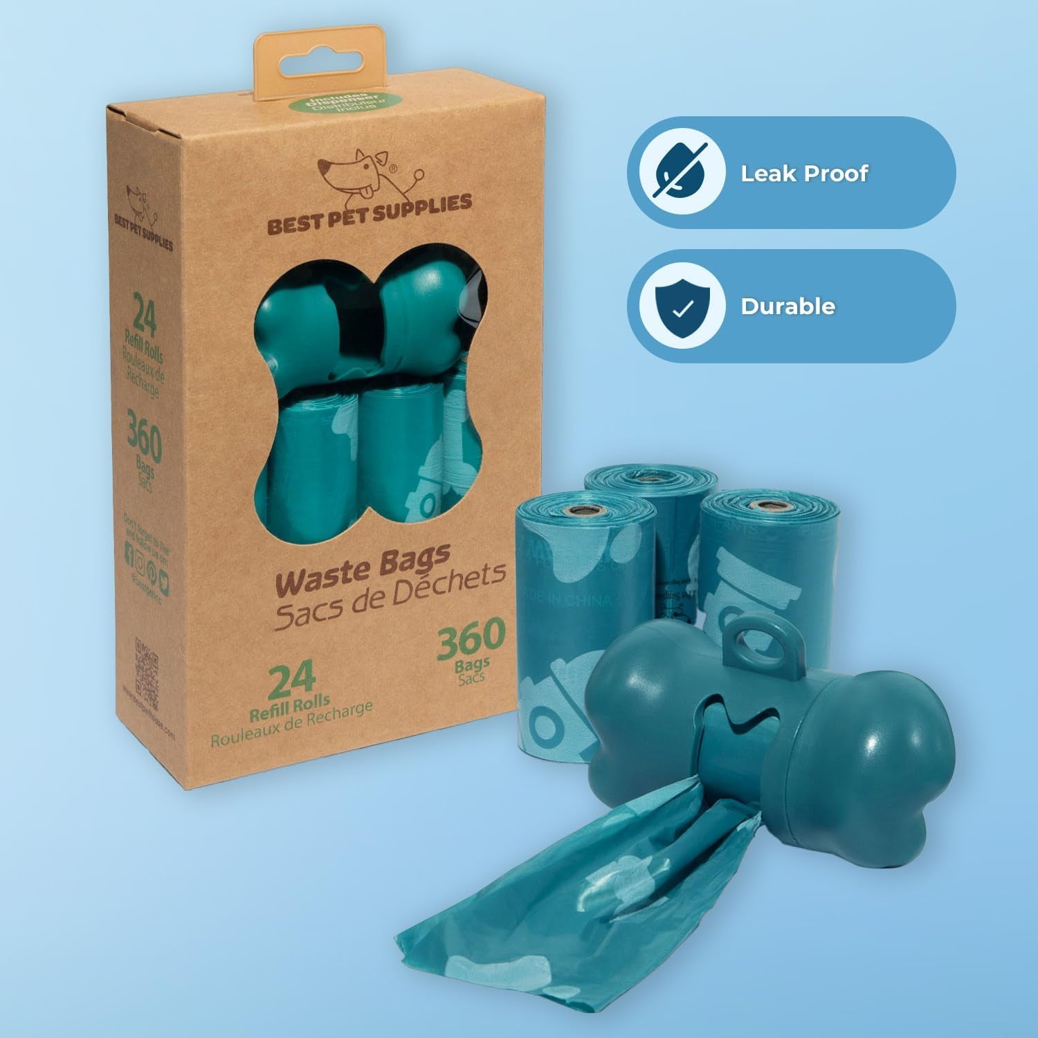 Dog Poop Bags (360 Bags) for Waste Refuse Cleanup, Doggy Roll Replacements for Outdoor Puppy Walking and Travel, Leak Proof and Tear Resistant, Thick Plastic - Turquoise