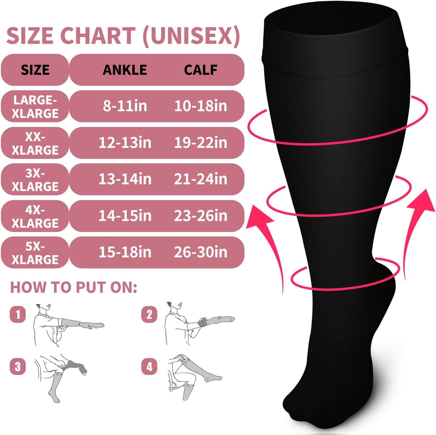 4 Pairs plus Size Compression Socks for Women and Men Wide Calf Extra Large Knee High Support for Circulation