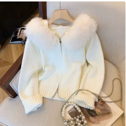 Double Zipper Fur Collar Stitching Design Sense Hooded Knit Cardigan